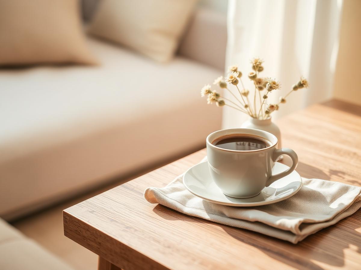 A cup of coffee and flowers on a wooden table in an apartment