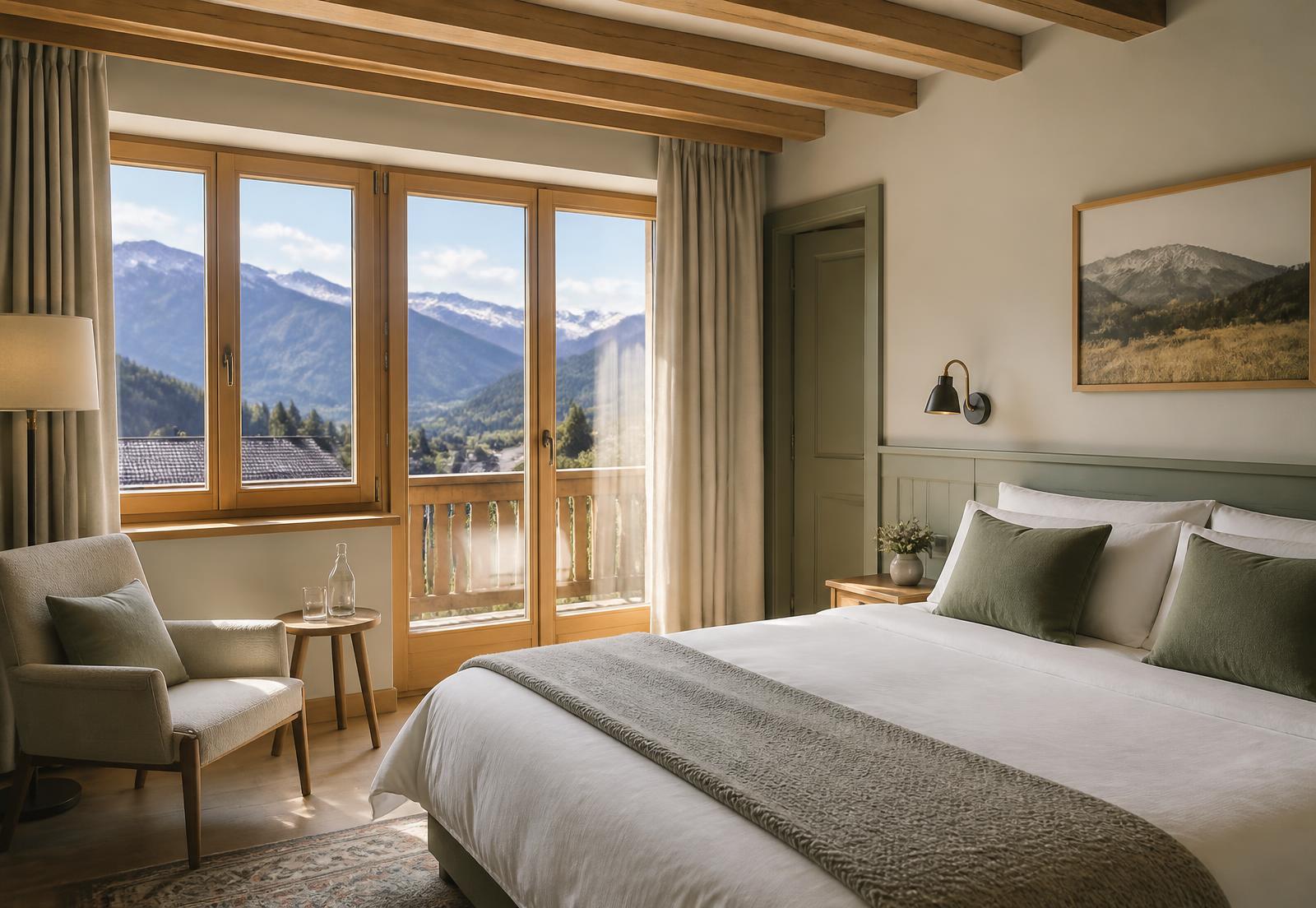 Bright alpine apartment with a neatly made bed and mountain view
