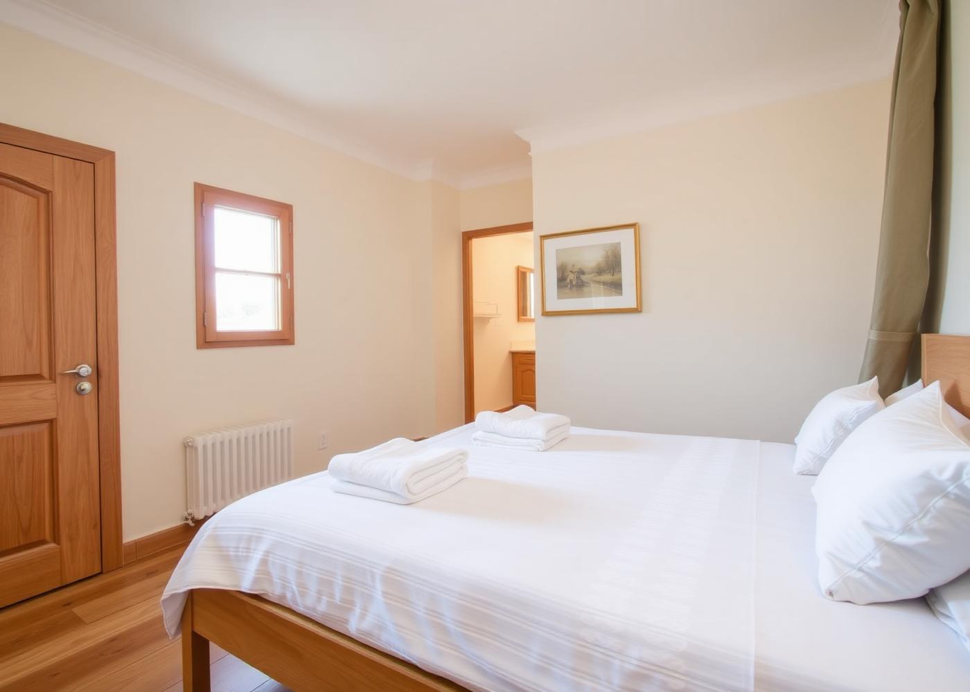 Prepared bedroom with fresh linen and folded towels